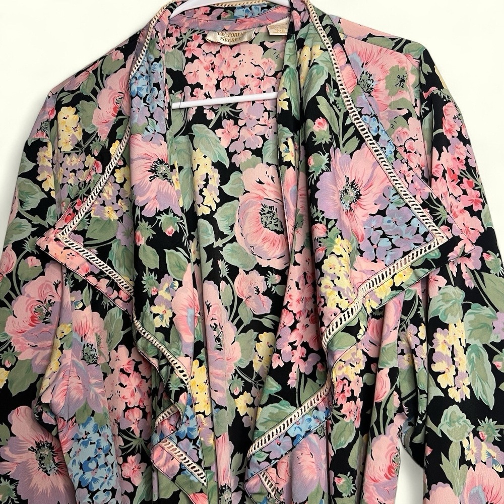 Victoria's Secret Floral Robe in Black with Pink, Green, Yellow & Blue Flowers
